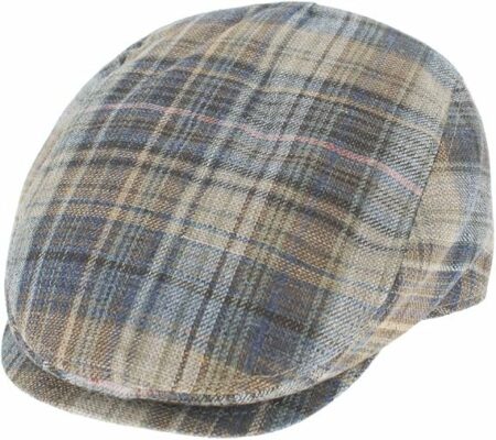 Men's Linen Blue Brown Cream Plaid Flat Cap