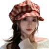 Red Plaid Octagonal Women Bakerboy Cap