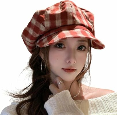 Red Plaid Octagonal Women Bakerboy Cap