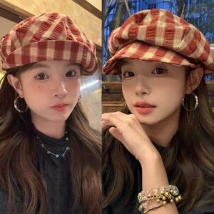 Red Plaid Octagonal Women Bakerboy Cap