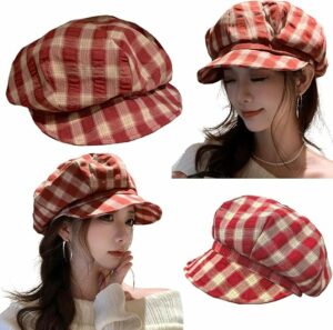 Red Plaid Octagonal Women Bakerboy Cap