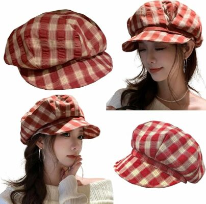 Red Plaid Octagonal Women Bakerboy Cap