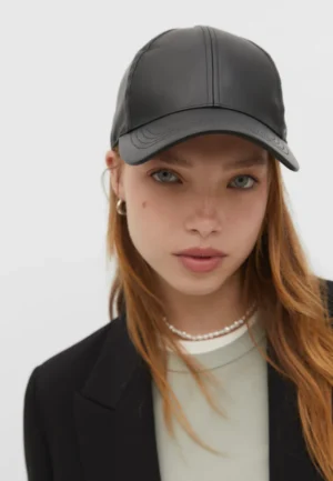 Women Black Leather Baseball Cap