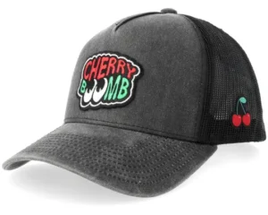 Cherry Boomb Distressed Black Pigment Washed A-Frame Trucker Cap