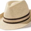 Men Breathable Mesh Lining Beach Straw Fedora Hat