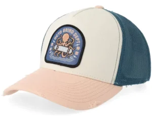 Octo Grind Dept Patch Distressed Off WhiteDark TealPink Pigment Wsh A-Frame Trucker Cap