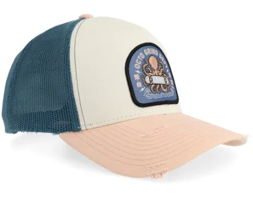 Octo Grind Dept Patch Distressed Off WhiteDark TealPink Pigment Wsh A-Frame Trucker Cap